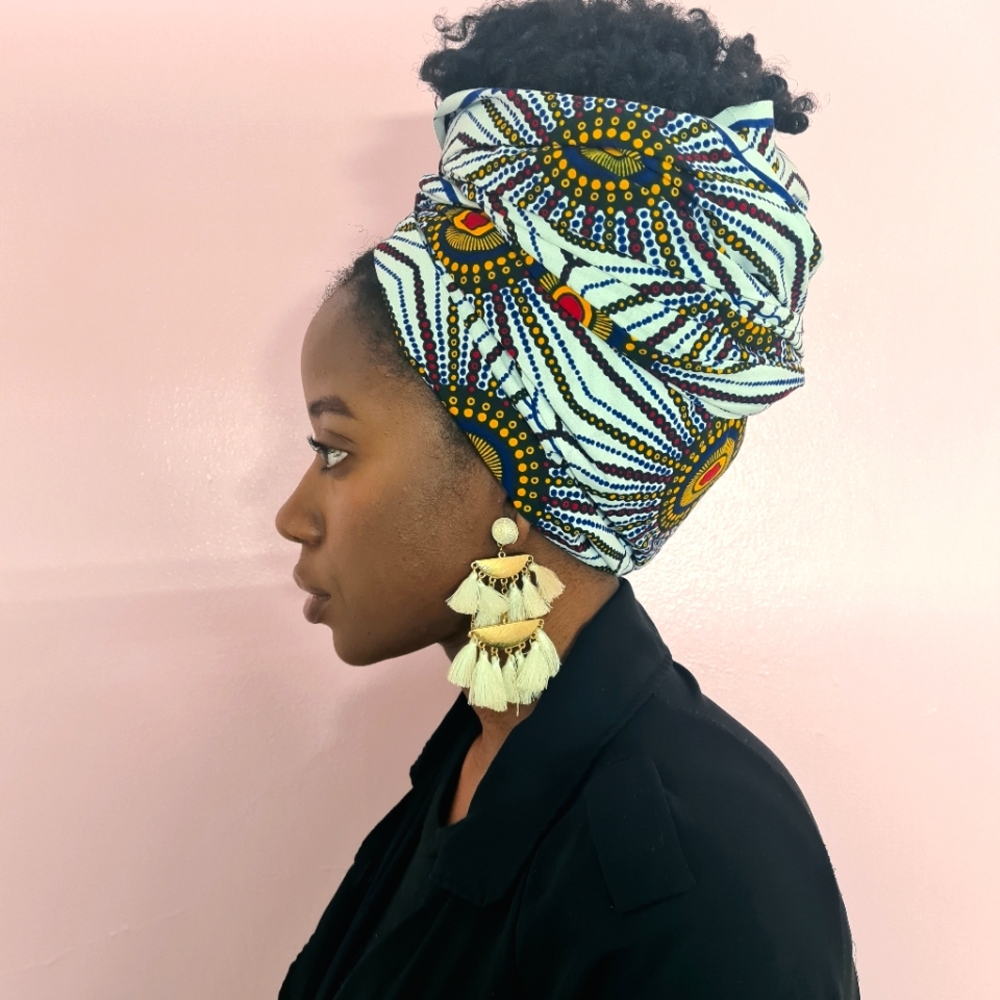 White and yellow African print floral headwrap.